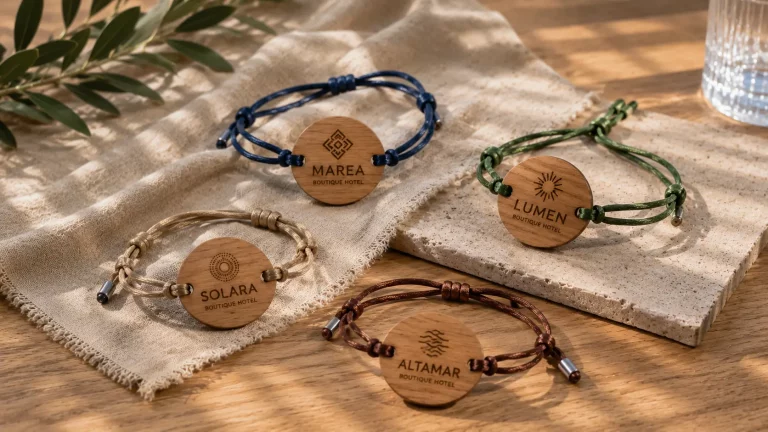 Cuatro pulseras ajustables de cordón con placa circular de madera grabada con logotipos de hoteles boutique, en colores azul, verde, beige y marrón, dispuestas sobre una mesa de madera con un paño de tela y una base de piedra. La escena está iluminada con luz natural y presenta una estética cálida, elegante y de inspiración natural.