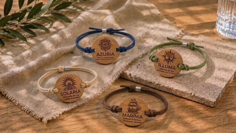 Contacto 5 Pulsera de tela con cordón y logotipo grabado en madera