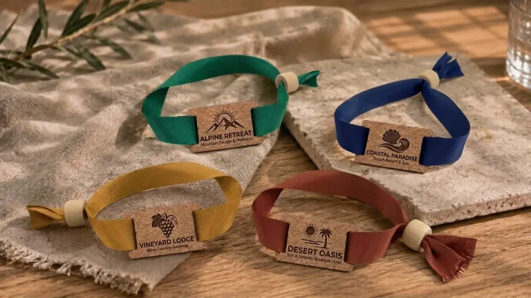 Contacto 4 Pulsera de tela con tag de madera