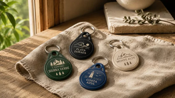 Cuatro llaveros de plástico con forma de gota y anilla metálica, personalizados con grabados de destinos turísticos ("Camping Sierra Verde", "Playa Dorada", "Costa Azul" y "Monte Alto"), colocados sobre un paño de tela beige en una mesa de madera junto a una ventana, con luz natural y decoración de estilo rústico al fondo.