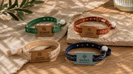 Cuatro pulseras identificativas para hoteles boutique, fabricadas con correas textiles ajustables y placas rectangulares de madera o material reciclado con el logotipo de cada establecimiento. Las pulseras, en colores verde, terracota, beige y azul marino, están dispuestas sobre una superficie de madera con telas de lino y elementos naturales, en una composición de estilo cálido y artesanal.