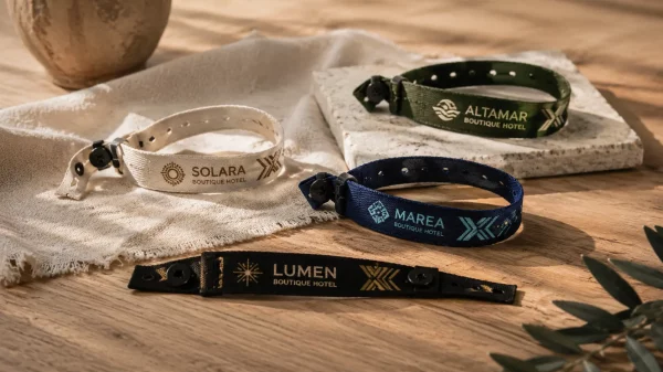 Cuatro pulseras de tela ajustables personalizadas con logotipos de hoteles boutique, en colores blanco, verde, azul y negro, dispuestas sobre una mesa de madera con un paño de tela y una base de piedra. La escena está iluminada con luz natural y presenta una decoración de estilo cálido y minimalista.